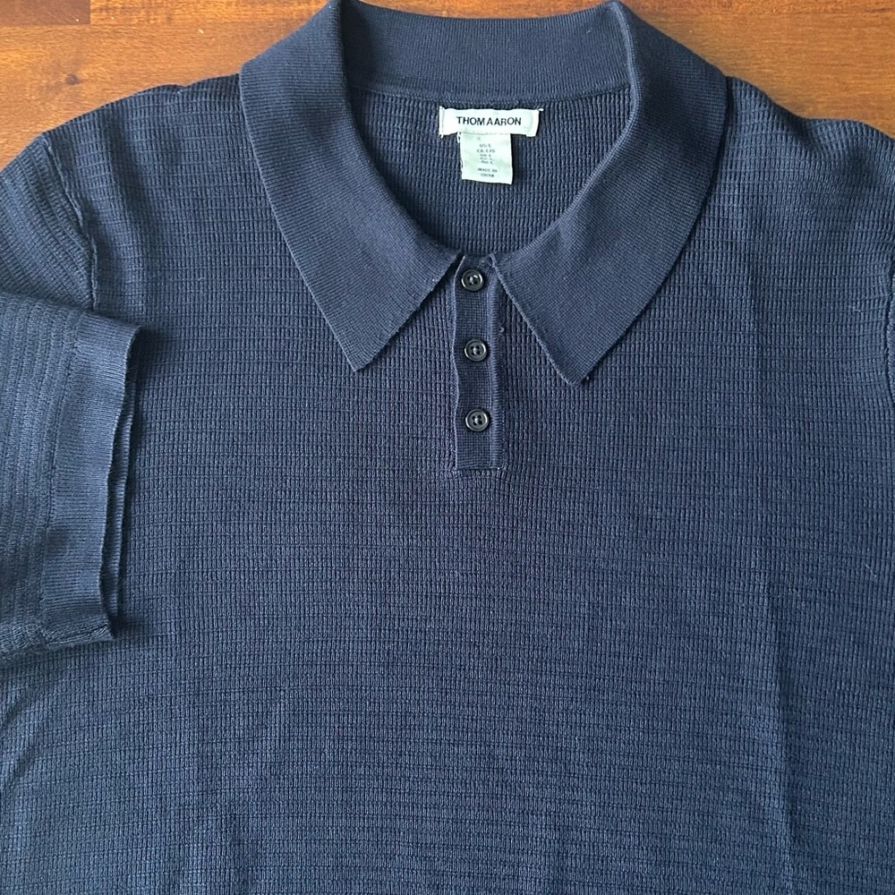 Thom Aaron Navy Sweater Knit Short Sleeve Polo Shirt‎